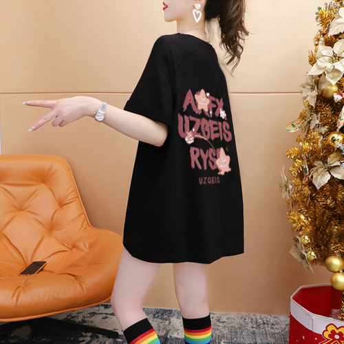 官图纯棉夏季2024超火字母设计印花圆领短袖T恤女