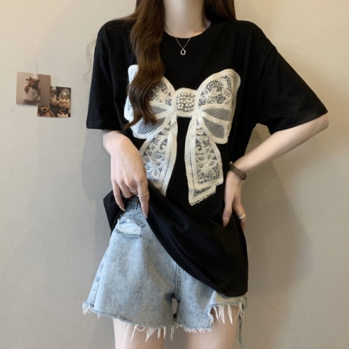 Actual shot of 2024 summer 32-count double yarn embroidered beaded bow short-sleeved T-shirt for women loose