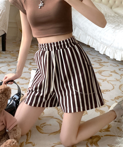 Real shot double gauze cotton summer 2024 new striped loose casual slimming wide leg shorts for women