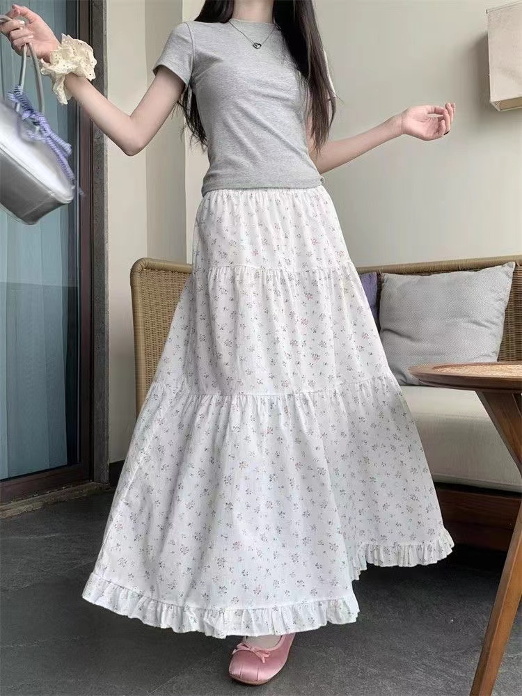 Sweet white floral ear-trimmed cake skirt for women high-waisted A-line full-swing umbrella skirt