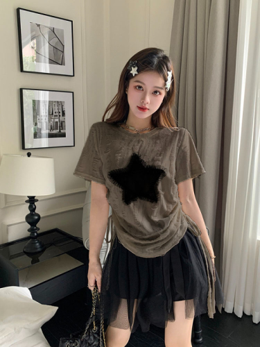 Drawstring star short-sleeved T-shirt for women in autumn new American hot girl style design, foreign style niche chic trendy top
