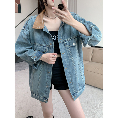 Actual shot ~ Retro contrasting color splicing lapel denim jacket for women, spring and autumn loose and chic Hong Kong style jacket top