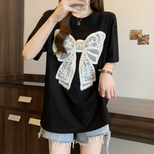 Actual shot of 2024 summer 32-count double yarn embroidered beaded bow short-sleeved T-shirt for women loose