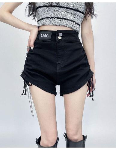 大码胖mm高腰短裤女2024夏季辣妹抽绳设计感显瘦弹力黑色热裤