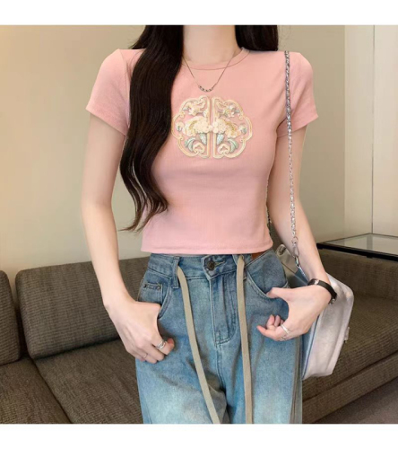 新中式国风圆领短袖t恤女2024夏季新款修身小个子短款甜辣妹上衣