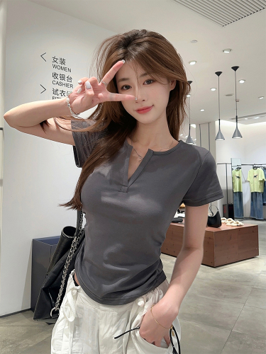 Real shot Korean chic simple summer waist slimming multi-color right shoulder top T-shirt