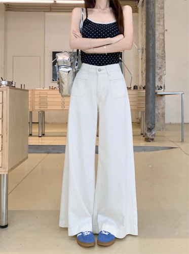 Actual shot ~ American white wide-leg jeans for women, high-waisted, loose, slimming, straight-leg drapey floor-length trousers