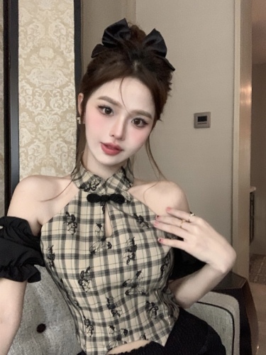 Actual shot of new Chinese style pure lust style butterfly print plaid splicing short-sleeved shirt top