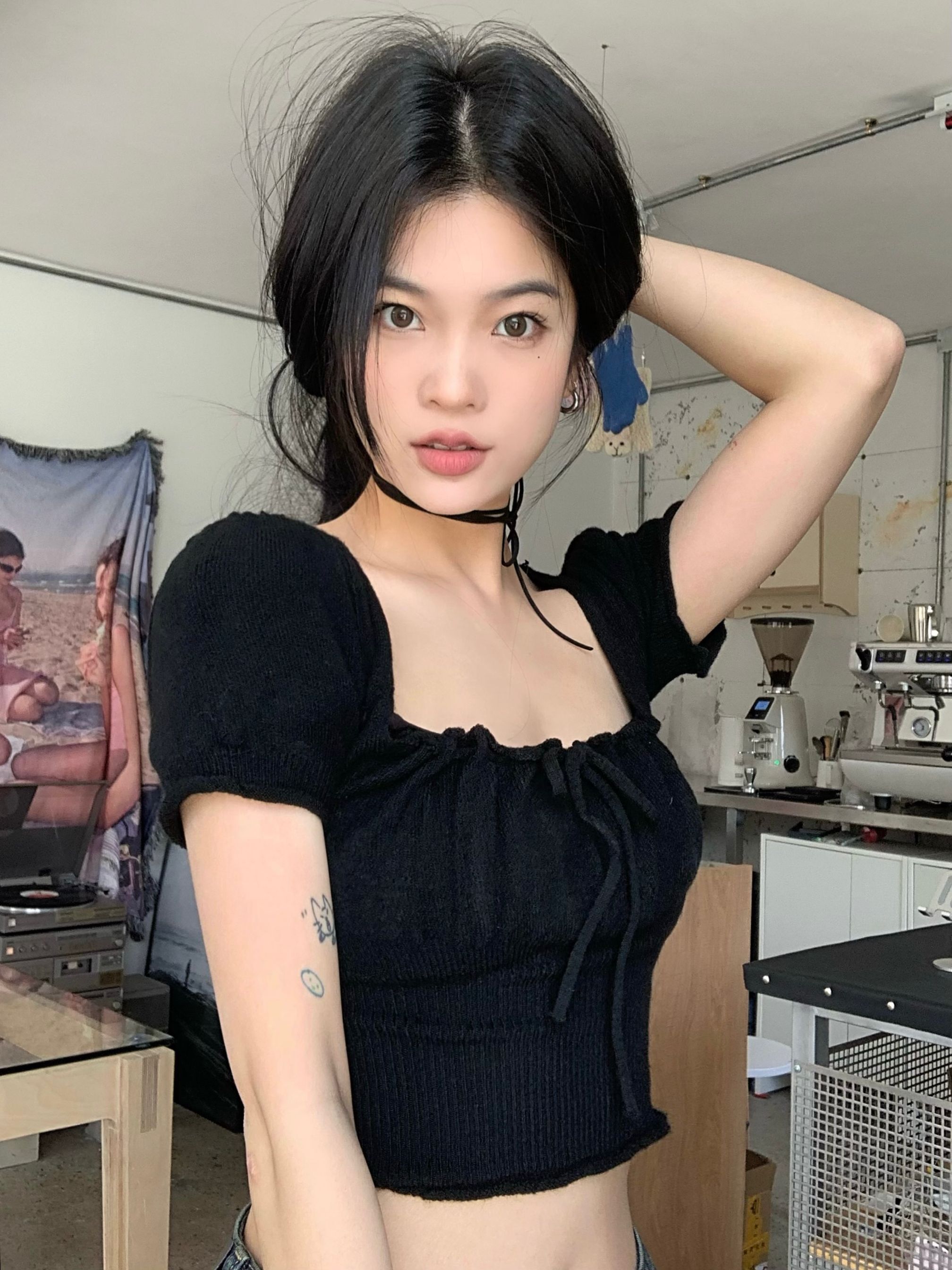 Real shot 2024~Square neck short-sleeved sweater drawstring crop top