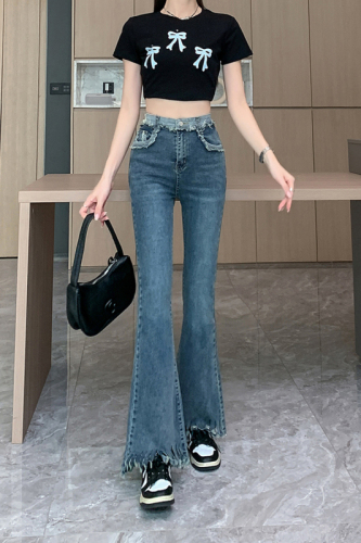 Actual shot ~ Blue tassel bootcut jeans for women, new spring style high-waisted slimming wide-leg pants