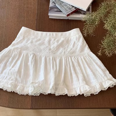 2024 New White Lace Trim Cake A-Line Skirt Women's Autumn Ballet Style High Waist White Puff Skirt