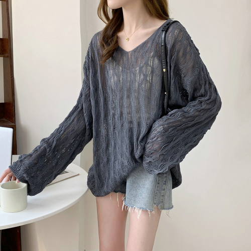 Actual shot of 2023 new Korean fashion thin loose lazy style hollow sweater women's casual V-neck top fashion