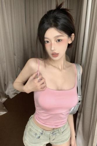 Real shot of sexy hot girl camisole summer slimming short style inner wear with breast pad pink outer wear