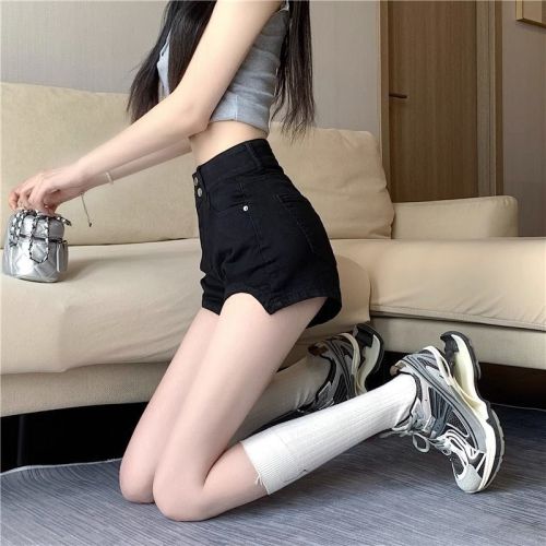 Hong Kong style super shorts hot pants Korean version solid color fat mm high waist slim high elastic large size trendy denim shorts for women