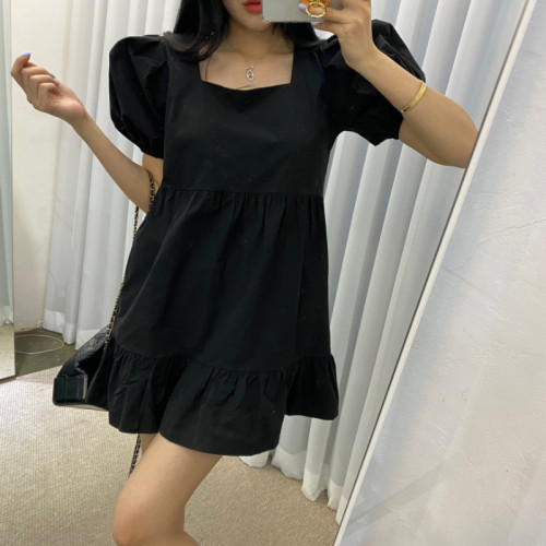 Original spot square neck lady puff sleeve dress