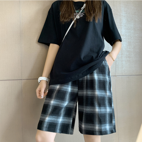 Real shot summer Korean style loose street fashion brand high waist versatile plaid casual sports pants for women