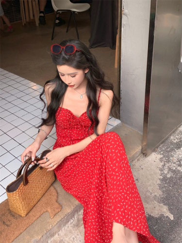 Real shot ~ Retro Sexy Red Floral Dress Women’s Summer Temperament Slim A-Line Skirt Suspender Long Skirt