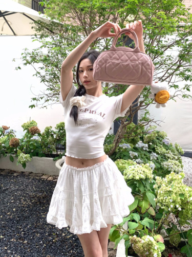 Actual shot 9215+8811# Lace stitching white cake skirt + letter printed slim round neck top