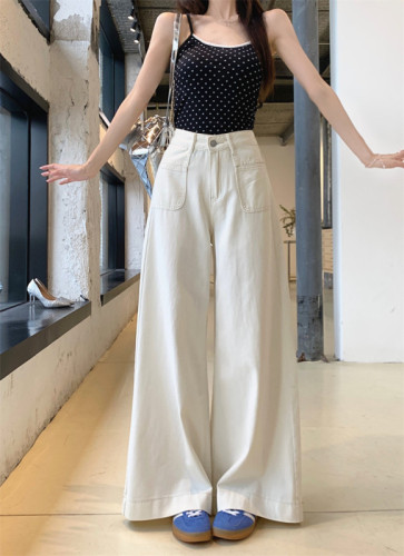 Actual shot ~ American white wide-leg jeans for women, high-waisted, loose, slimming, straight-leg drapey floor-length trousers