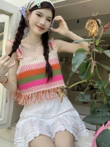 Real shot of rainbow striped knitted crochet hollow design short hot girl back sleeveless top