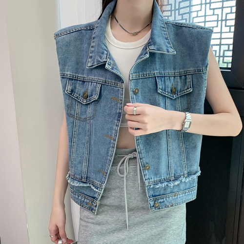 Actual shot ~ Retro raw-edged right-shoulder denim vest jacket for women, short style, new summer style, loose layered vest