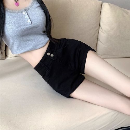 Hong Kong style super shorts hot pants Korean version solid color fat mm high waist slim high elastic large size trendy denim shorts for women