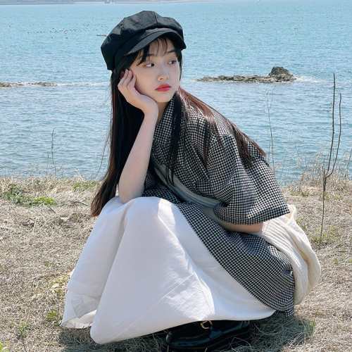 日系复古格子短袖衬衫女夏夏季设计感小众衬衣韩系宽松娃娃衫上衣
