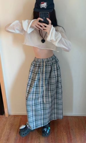 Real shot 2024~Contrast color plaid mid-length skirt casual elastic waist A-line long skirt with drawstring