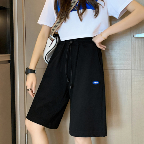 Real shot summer Korean style loose street fashion brand high waist versatile wide leg pants casual sports pants medium pants for women