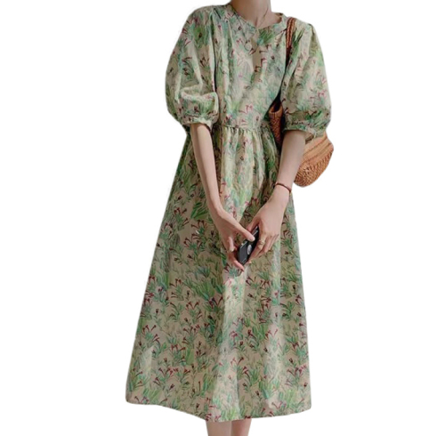 夏装新款大码女装泡泡袖绿色碎花宽松法式复古长裙M-4XL200斤