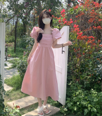 Real shot of sweet and gentle pink puff sleeve pleated waist A-line mid-length square neck dress
