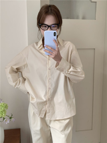 Actual shot Korean style simple and versatile candy-colored polo collar long-sleeved shirt