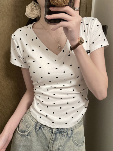 Real shot of retro polka dot round neck short-sleeved T-shirt for women, summer short, slim fit, slim temperament inner top