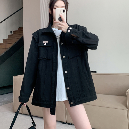 Real shot ~ American retro black denim jacket for women spring and autumn new loose jacket student jacket ins trend