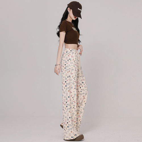 Actual shot of new spring high-waisted drawstring bleating puppy print loose lazy casual pants