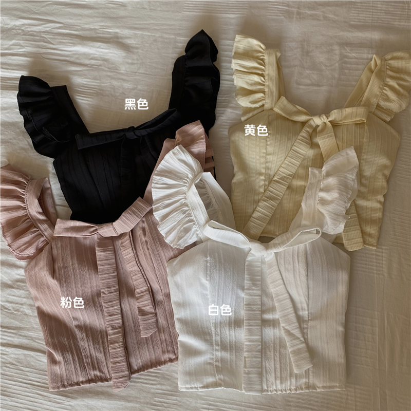 Real shot of bow tie with small flying sleeves and chest padded vest for women in spring and summer, Korean version, sweet and versatile short style, beautiful back