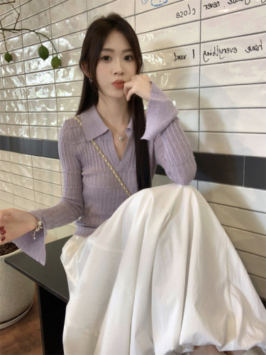 Actual shot of slim-fitting lapel bell sleeves v-neck sweater for women with high waist and temperament A-line fluffy umbrella skirt