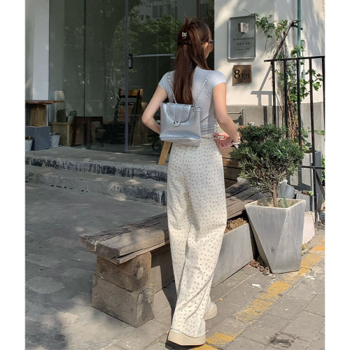 Actual shot of new spring high-waist drawstring small floral print loose lazy casual pants