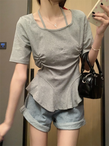 66045 Real shot of small number of pamine halter neck short-sleeved T-shirt women's summer slim waist pleated doll style top trendy