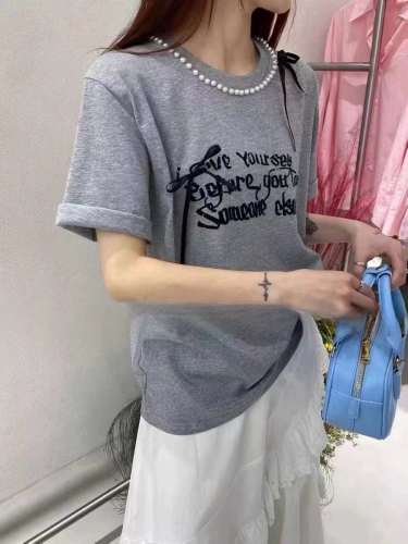 韩系字母印花短袖T恤女2024夏季新款设计感小众圆领短款体恤上衣