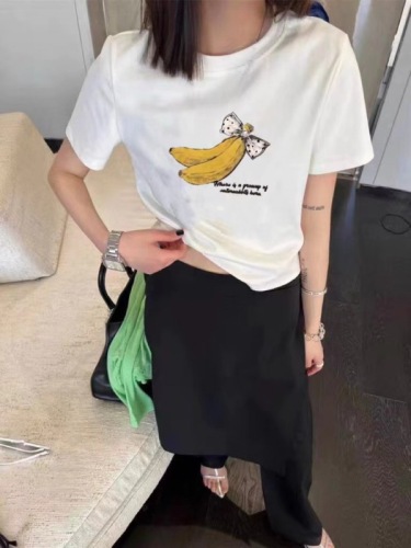 韩版网红香蕉印花短袖T恤打底衫女24夏宽松纯棉半袖