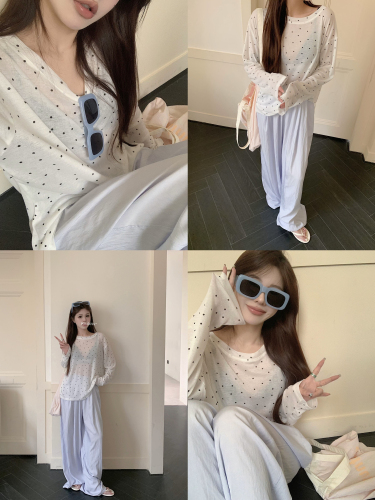 Real shot of polka dot sun protection thin round neck long-sleeved T-shirt top for women + cool milk blue wide-leg casual pants for summer