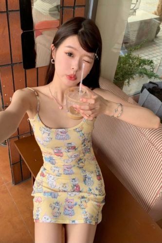 Real shot 2024~Paradise Party Cute Kitten Cute Printed Stretch Slim Suspender Dress