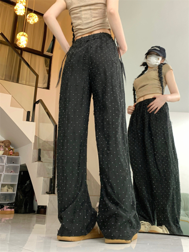 Actual shot of 2024 spring and summer new style textured wide-leg trousers for women high-waisted elastic waist loose casual pants