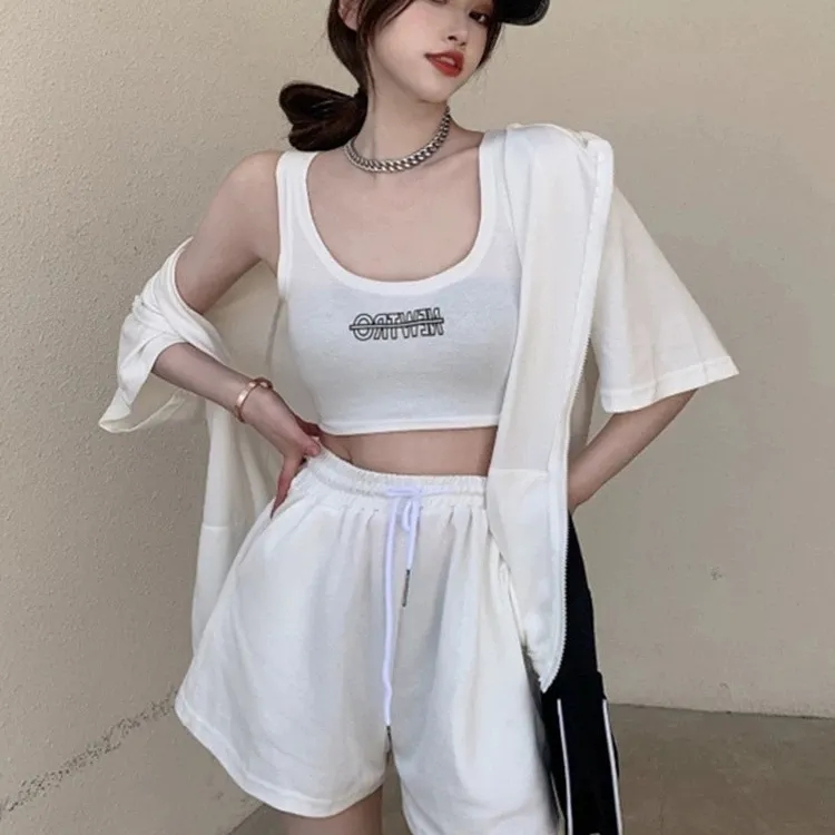 Fashionable casual three-piece set for women 2024 new summer coat, vest, wide-leg shorts, Internet celebrity sports suit for women, trendy