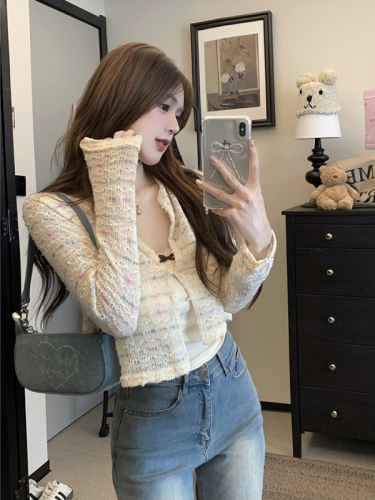 Actual shot ~ Spring and summer new Korean style colorful hollow knitted cardigan with lace suspenders slim two-piece set for women