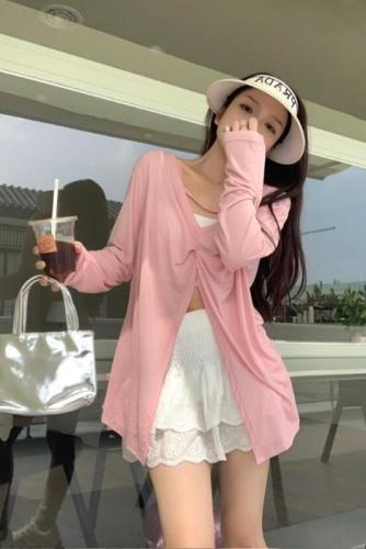 Two-wear kink design niche long-sleeved pink sun protection cover-up T-shirt women's summer thin loose slit top
