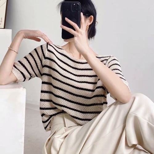 韩版夏季新款设计感镂空条纹短袖针织衫上衣洋气百搭显瘦