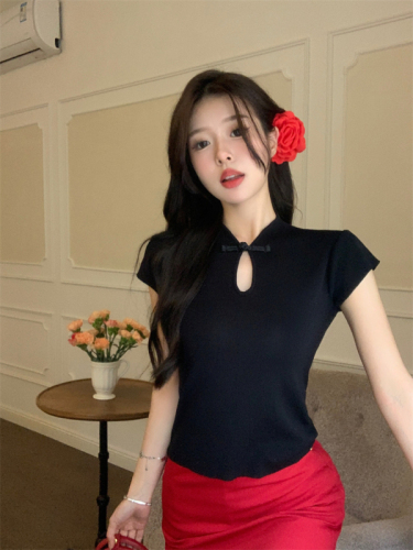 Actual shot of new Chinese-style national style new summer short-sleeved knitted lady's button-up stand-up collar design top