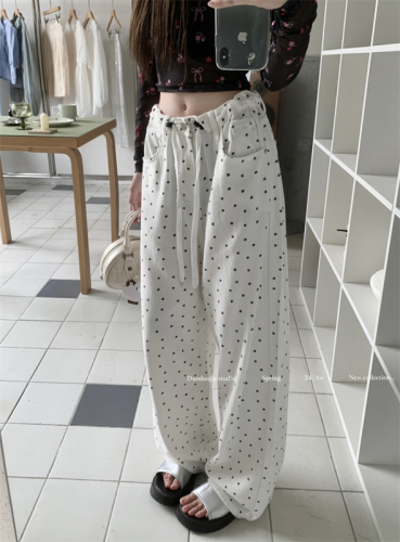 Actual shot ~ Retro polka-dot drawstring jeans for women, high-waisted, loose, slimming, wide-legged, casual floor-length trousers